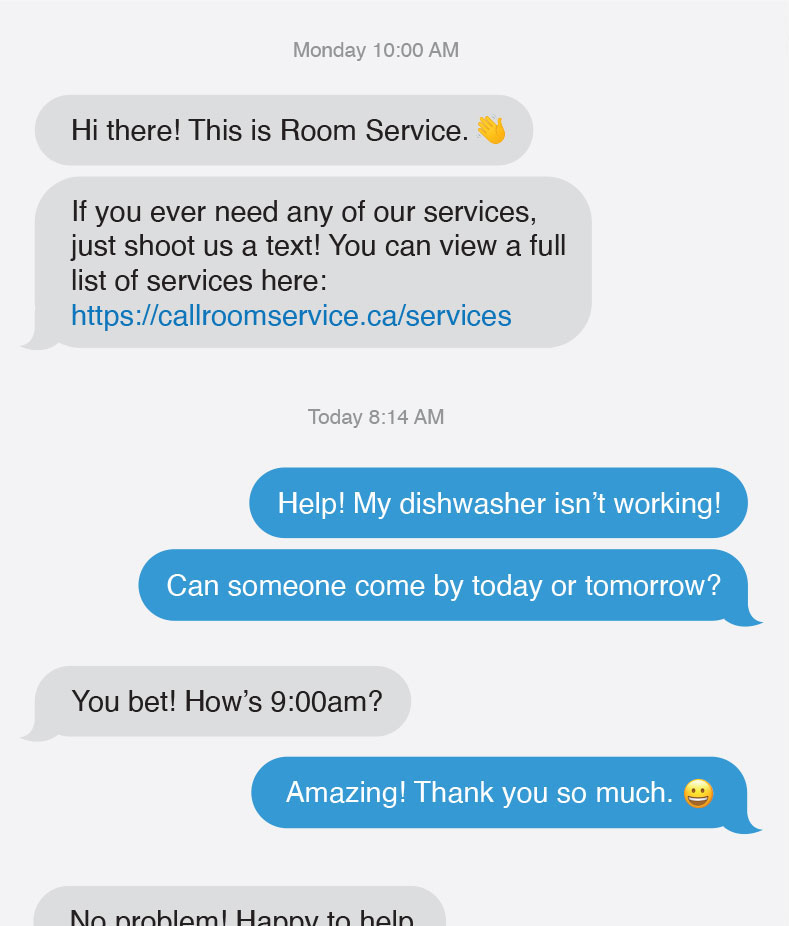 SMS conversation with Room Service