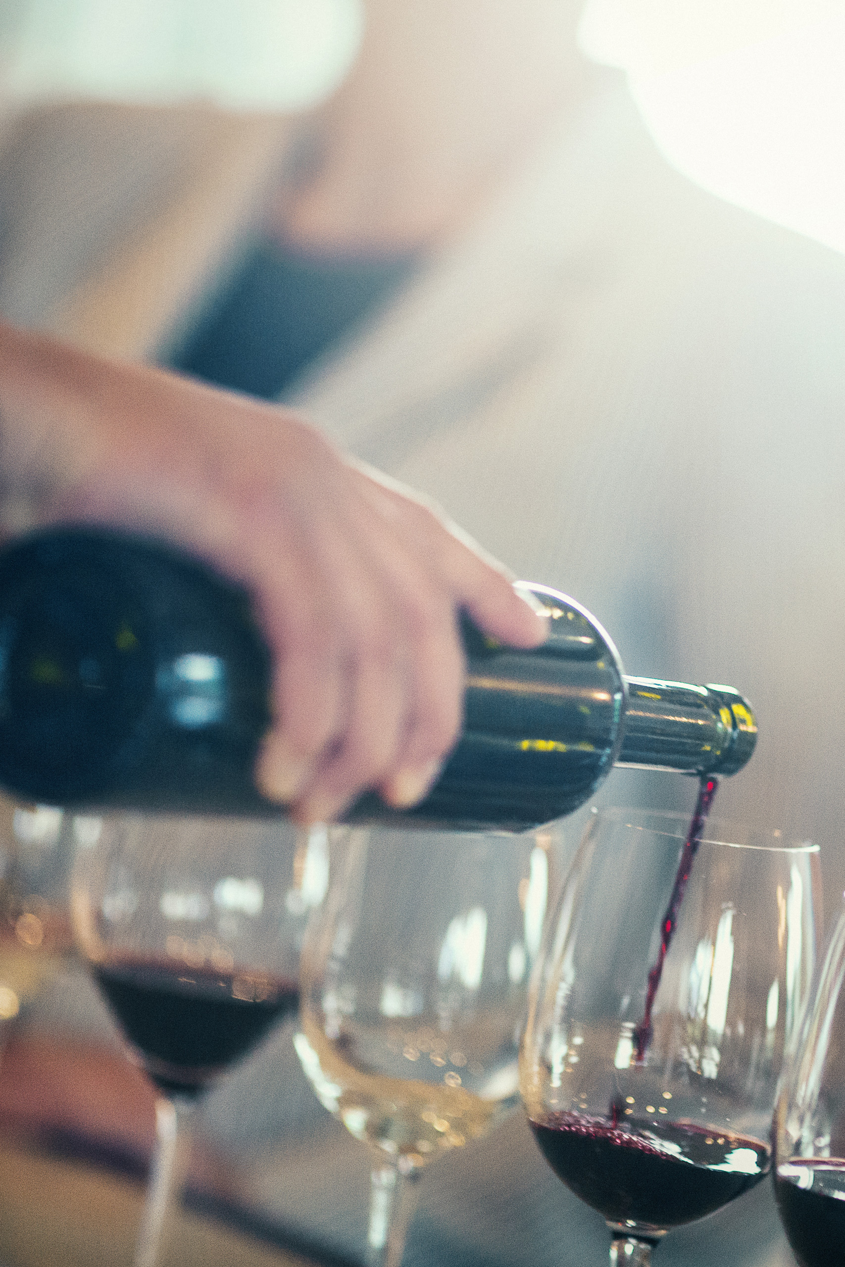 Undistinguishable people at a wine tasting event, with a bottle of red wine being poured into a stemmed wine glass.